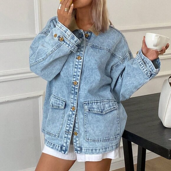 Medium Wash Casual Women's Contrast Color Collar Denim Jacket - Picture 3 of 6